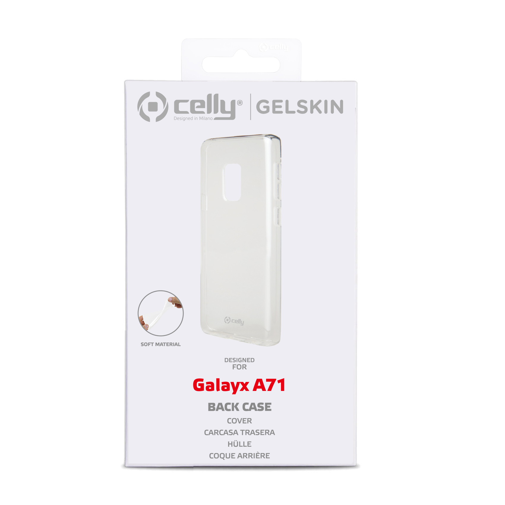 Confezione della custodia in gel trasparente per telefono Galaxy A71. Include un'illustrazione.