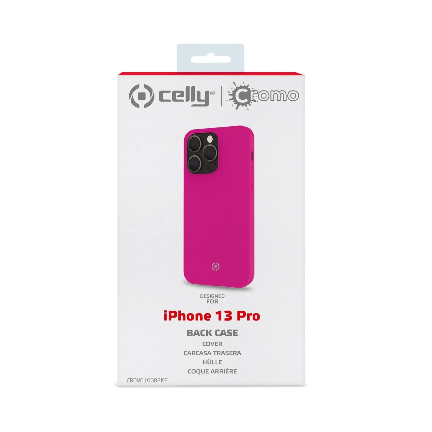 Confezione della custodia posteriore rosa per iPhone 13 Pro, con immagine e dettagli.