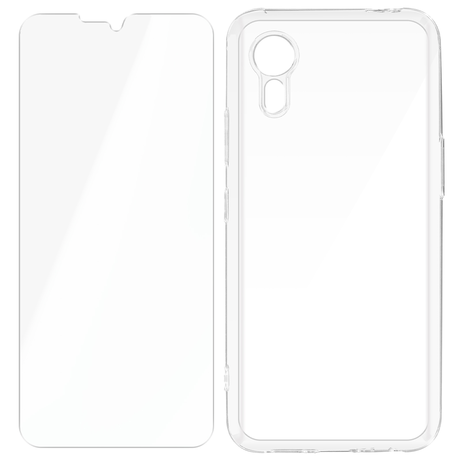 Deux accessoires de téléphone transparents : protecteur d'écran et coque. Les deux sont en plastique transparent.