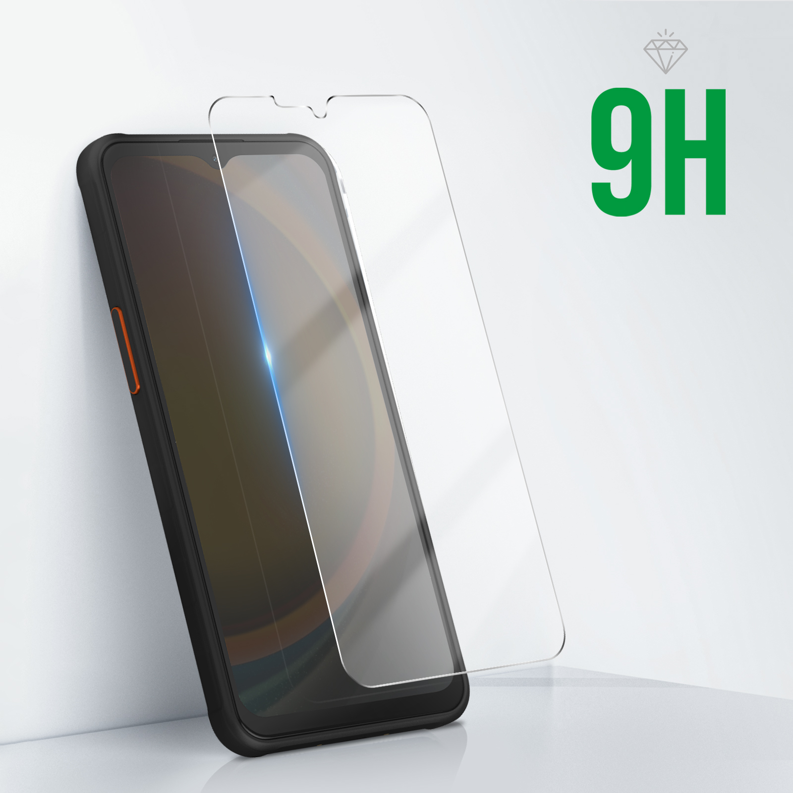 Un téléphone noir avec un protecteur d'écran. Le téléphone est sur une surface blanche et le protecteur est clair.