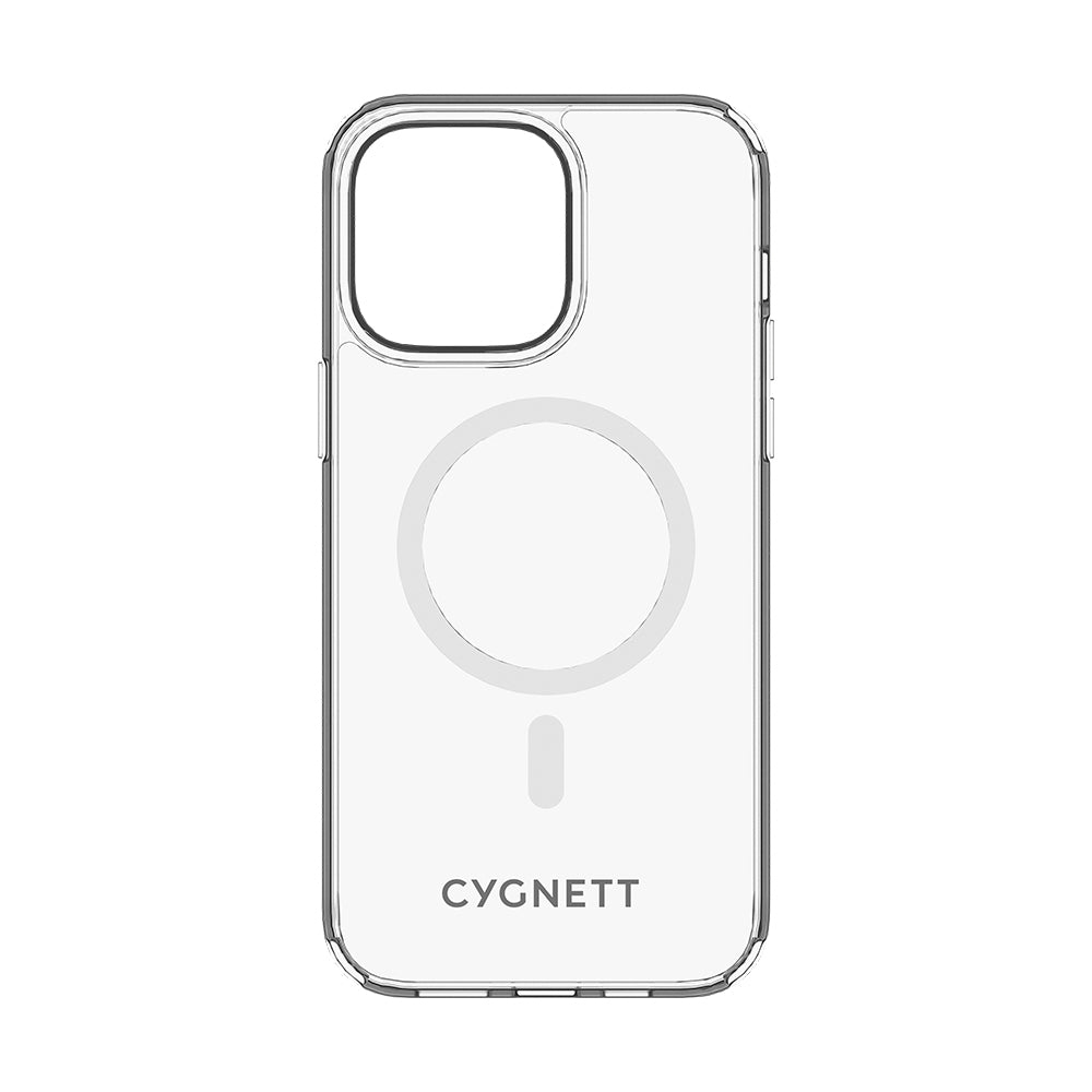 Custodia trasparente per telefono con logo CYGNETT, sfondo bianco e cerchio MagSafe.