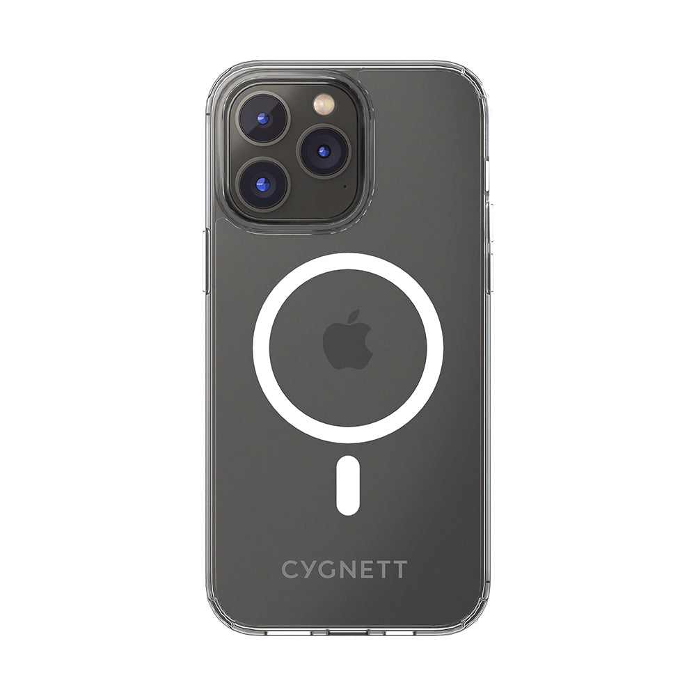 Un iPhone nero con una custodia trasparente. La custodia ha un cerchio bianco e un segno meno bianco.