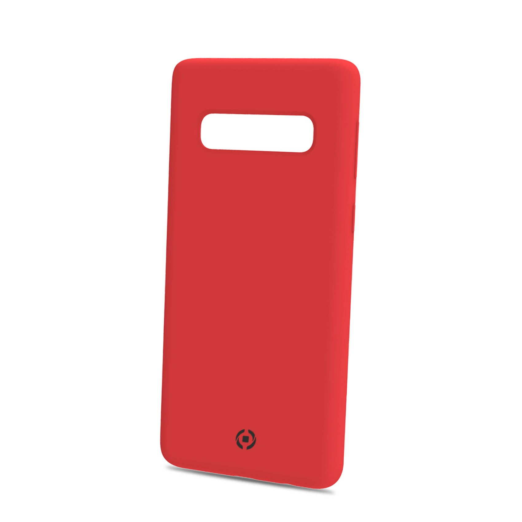 Custodia per telefono rossa con foro per fotocamera. La custodia è su una superficie bianca.