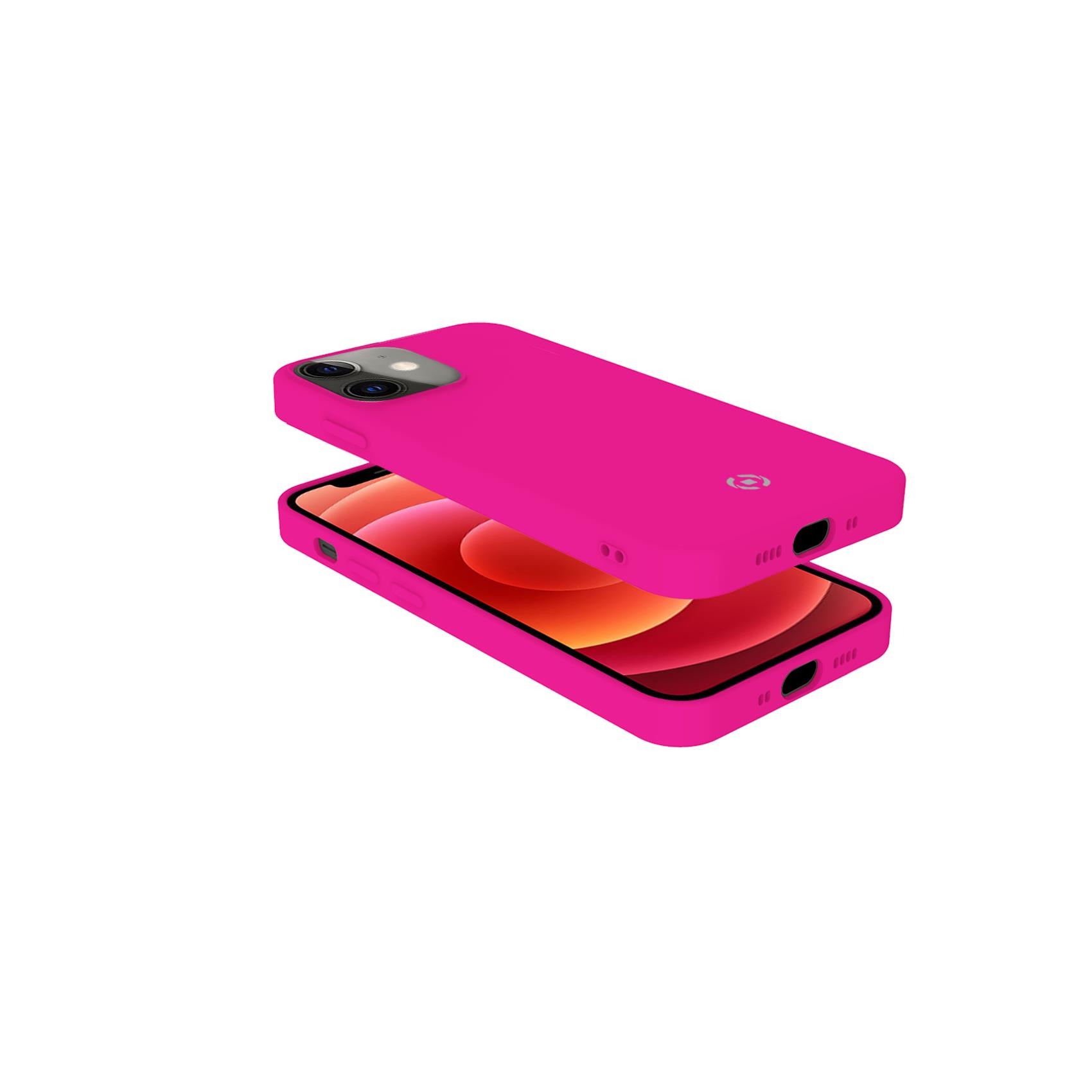 Custodia rosa per telefono su sfondo bianco. Due parti, una per il retro, l'altra per il fronte.