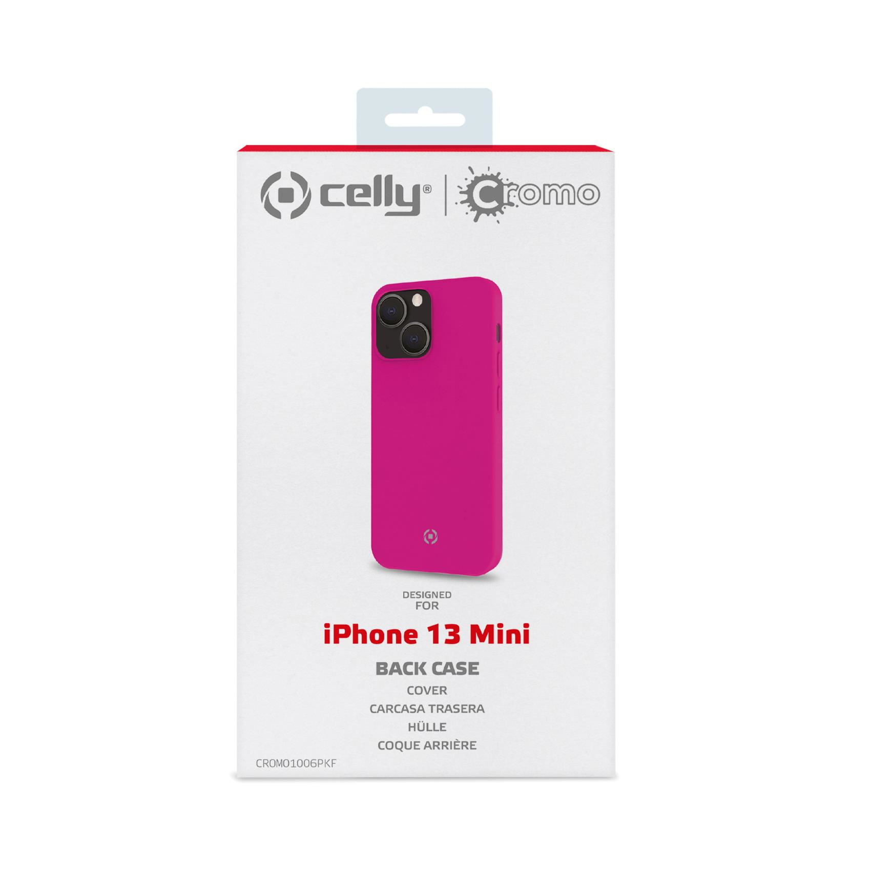 Confezione per custodia rosa per iPhone 13 Mini. La custodia mostra un telefono rosa.