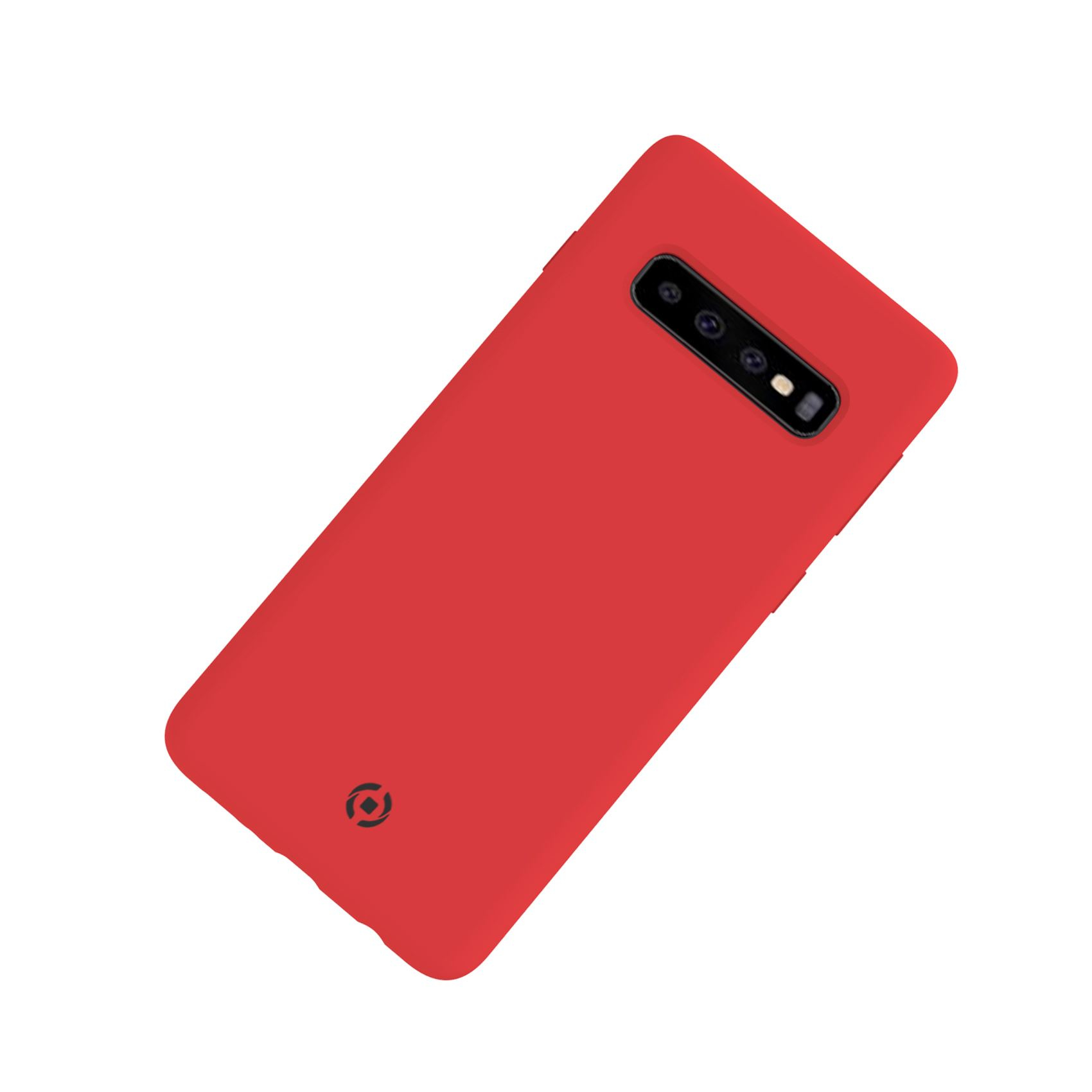 Una custodia per telefono rossa con un ritaglio per la fotocamera e un piccolo logo in basso.