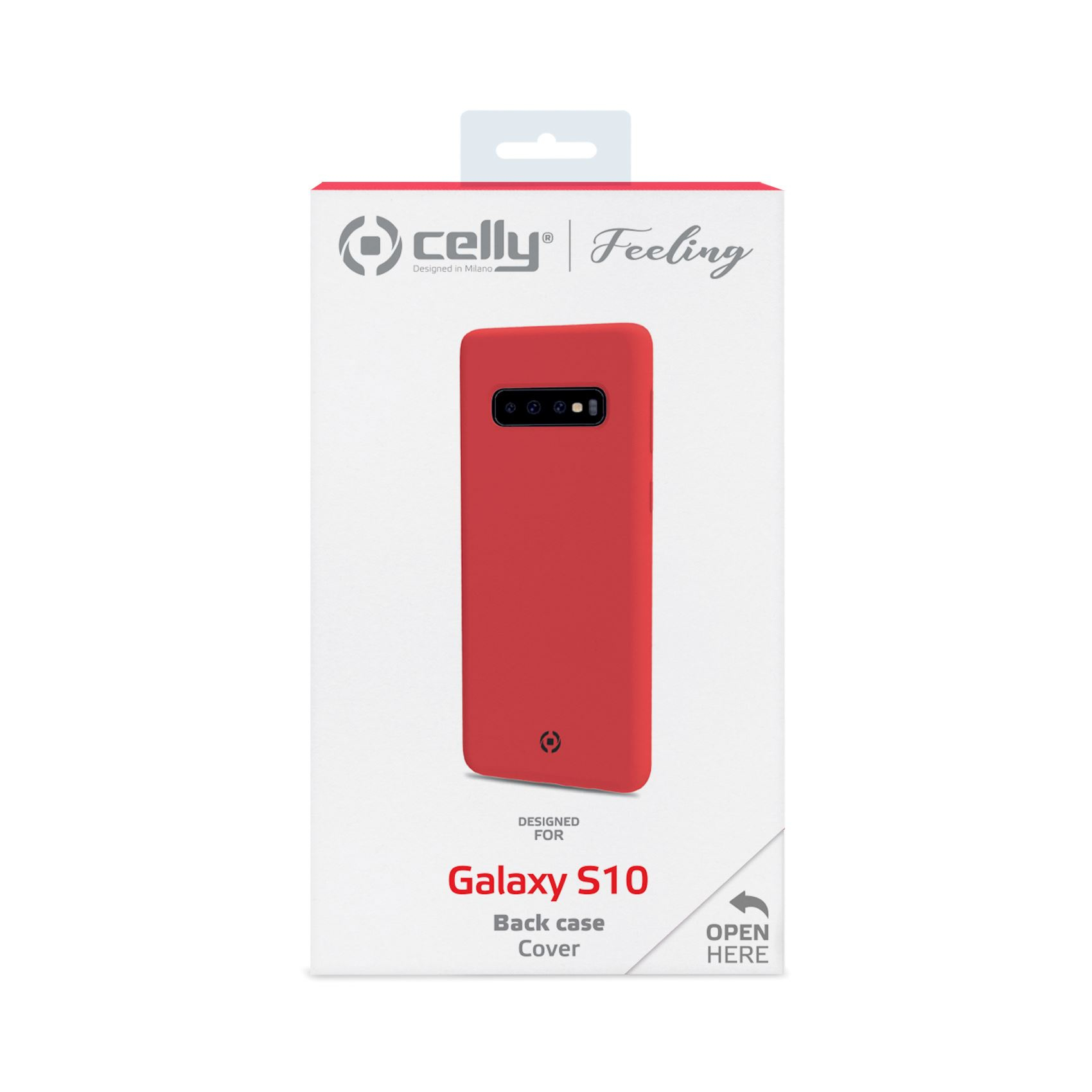 Una cover per telefono rossa con un telefono rosso e una scatola. La scatola è bianca con il logo del marchio.
