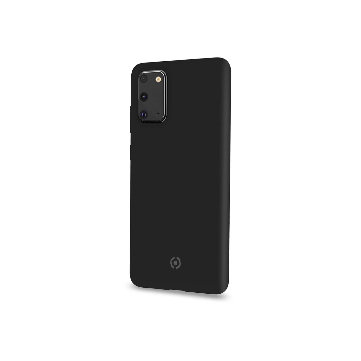 Un telefono nero su sfondo bianco. Ci sono tre fotocamere sul retro.
