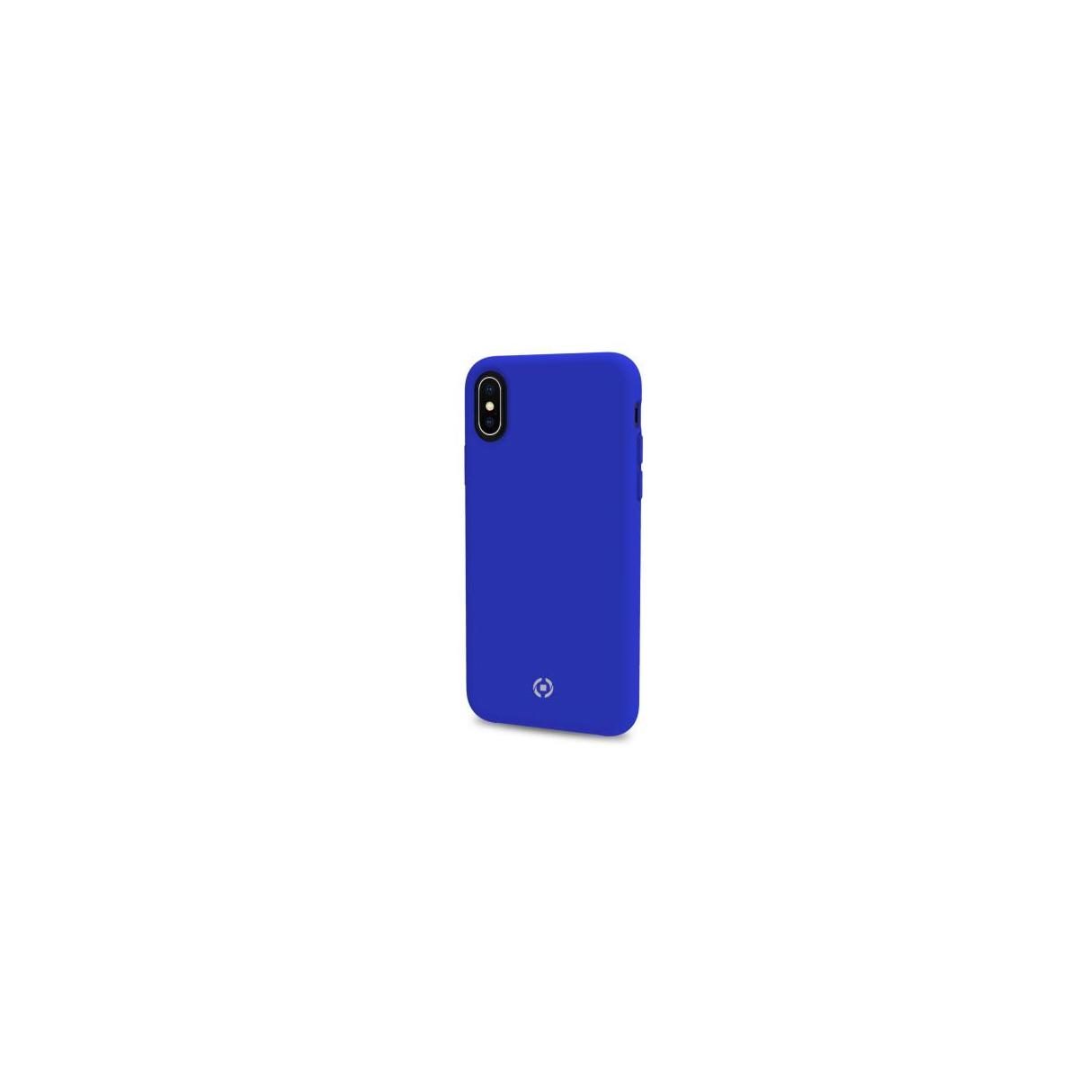 Una custodia per telefono blu brillante con un ritaglio per la fotocamera e un piccolo logo.