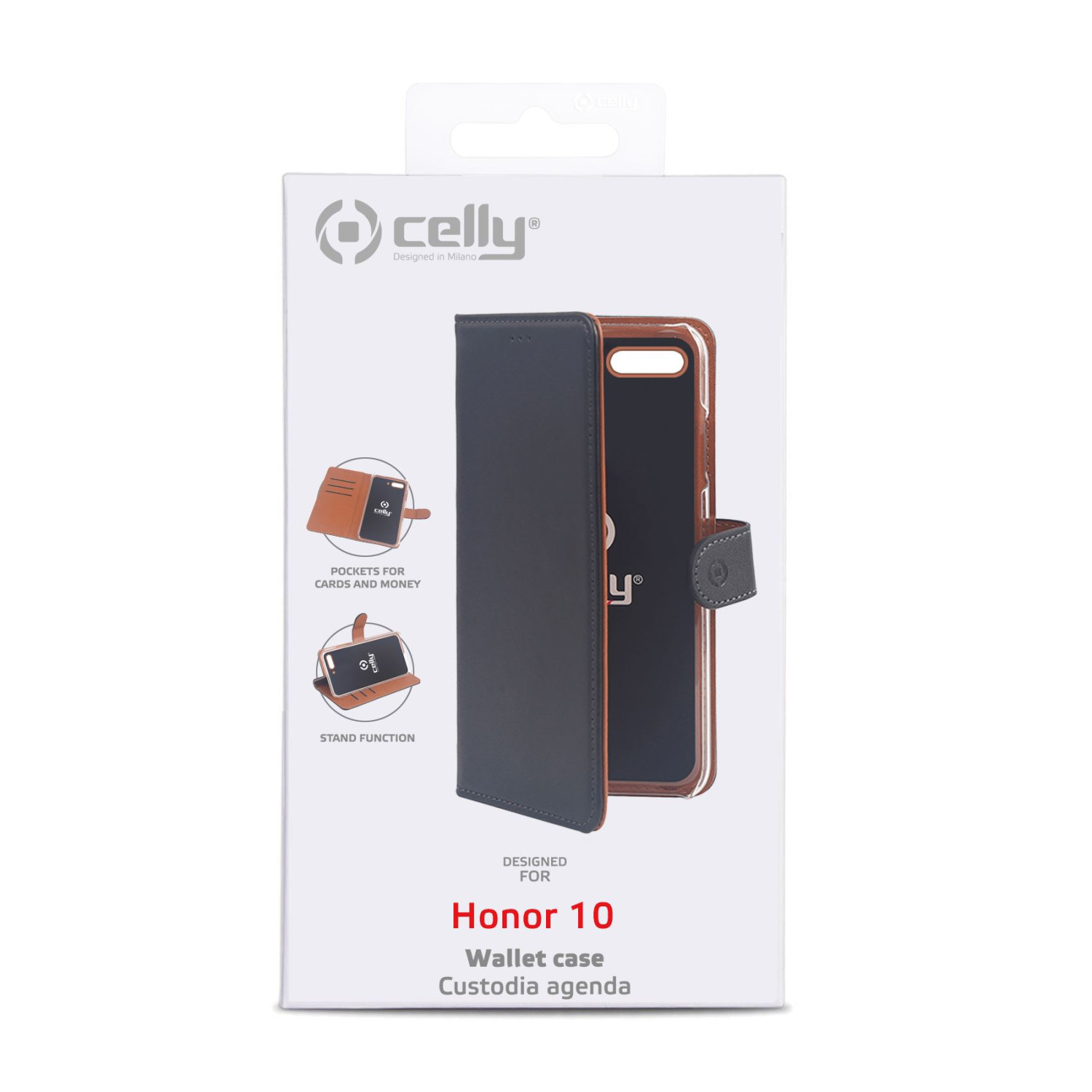 Scatola per custodia del telefono con telefono all'interno, mostra tasche per carte e denaro.