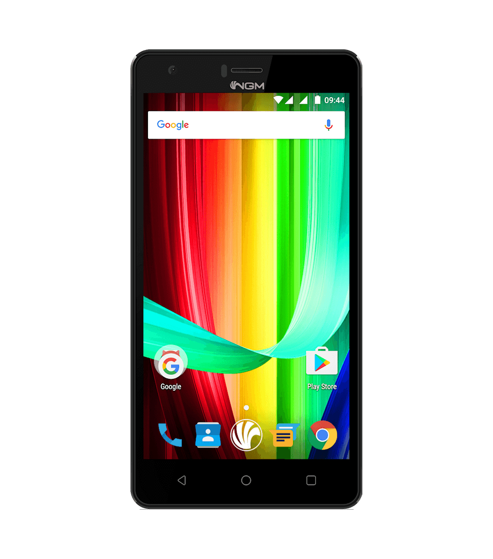 Smartphone nero con sfondo arcobaleno e barra di ricerca Google.