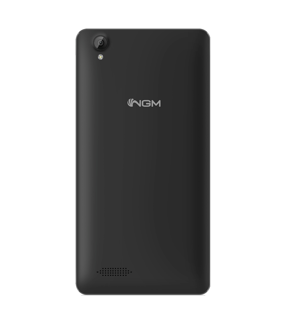 Retro di smartphone nero con fotocamera e logo NGM. C'è un altoparlante in basso.