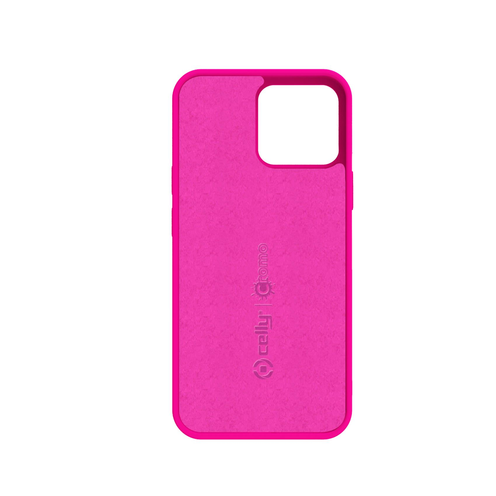 Custodia rosa con logo Celly, ritaglio per fotocamera e superficie strutturata.