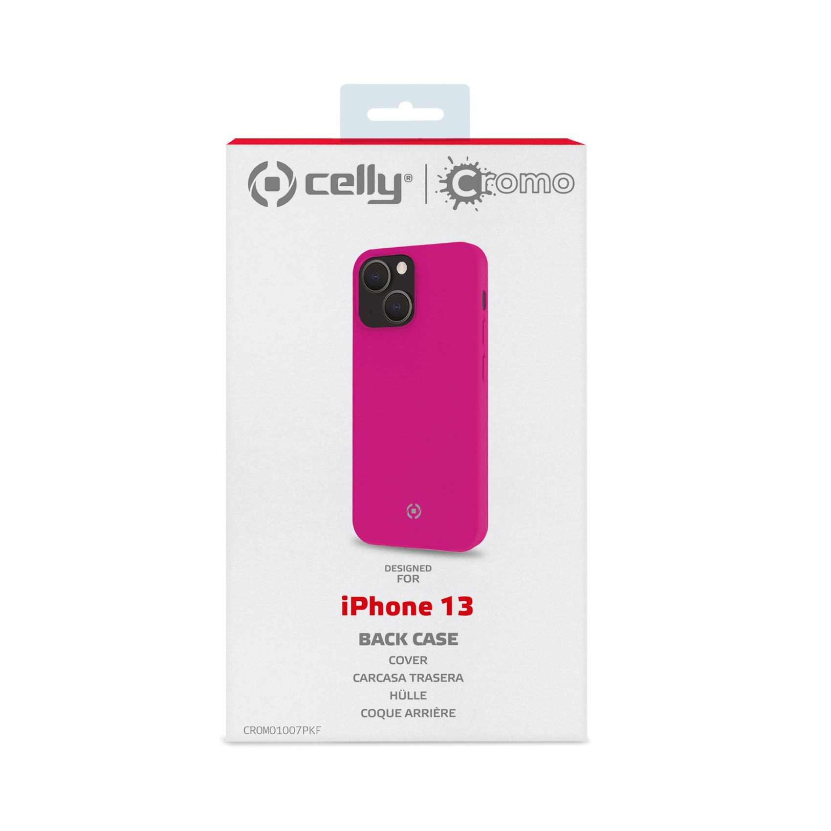 Scatola rosa per custodia del telefono con scritto iPhone 13.