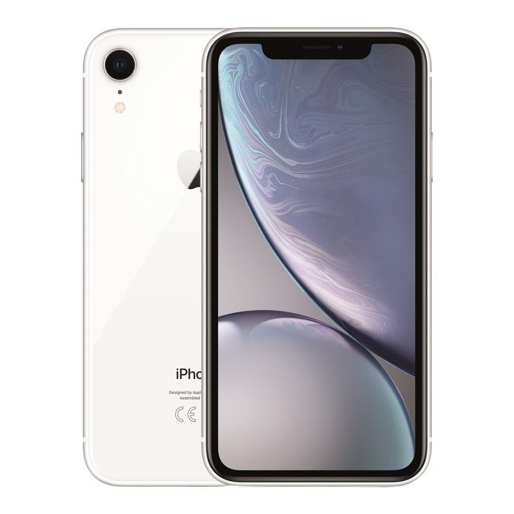 Witte iPhone XR met achterkant en scherm zichtbaar. Het scherm toont een vage achtergrond.