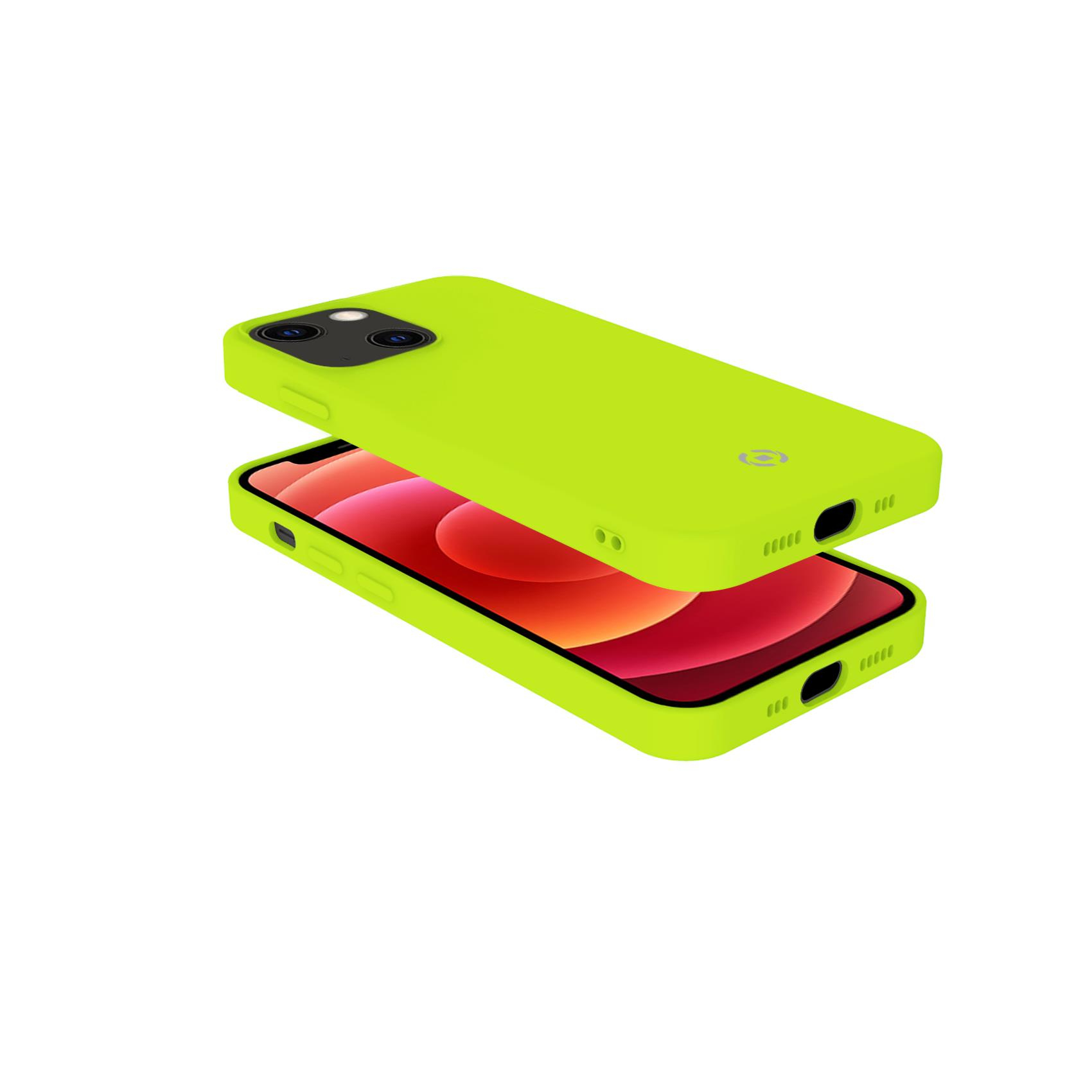 Due custodie per telefono verde neon, una sopra l'altra, con interno telefono rosso.