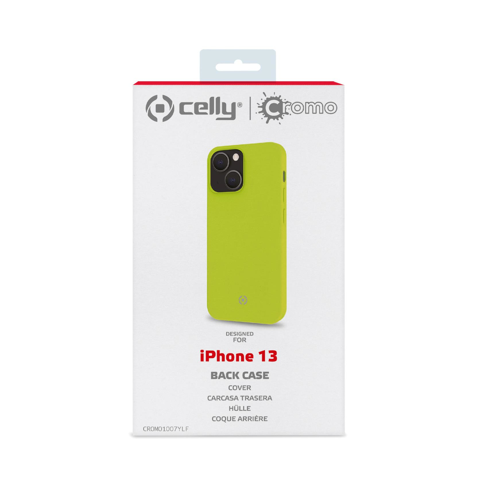 Scatola con custodia verde per telefono. La custodia ha un logo ed è progettata per un iPhone 13.