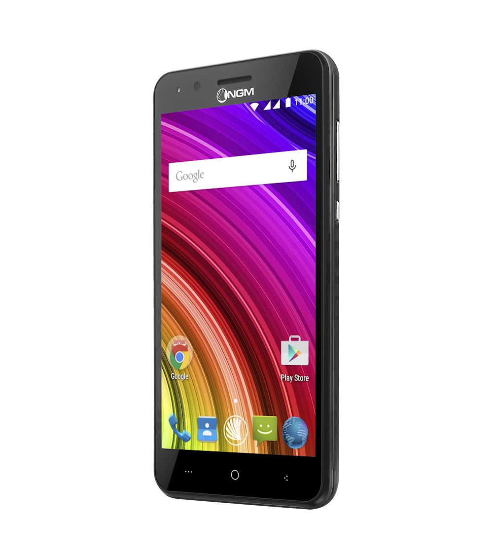 Smartphone nero con display colorato. Icone e ora visibili. Sfondo bianco.