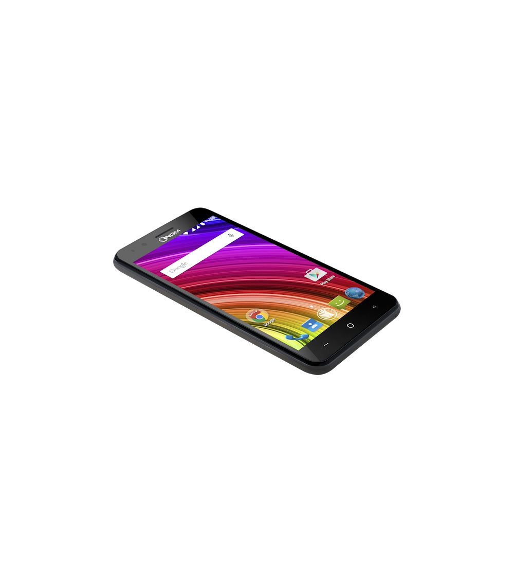 Smartphone nero con display colorato. Icone e ora visibili. Sfondo bianco.