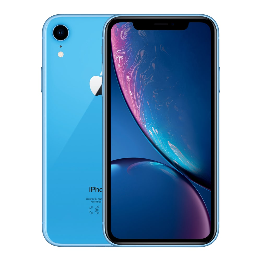Blauwe iPhone XR met achterkant en scherm zichtbaar. Het scherm toont een vage achtergrond.