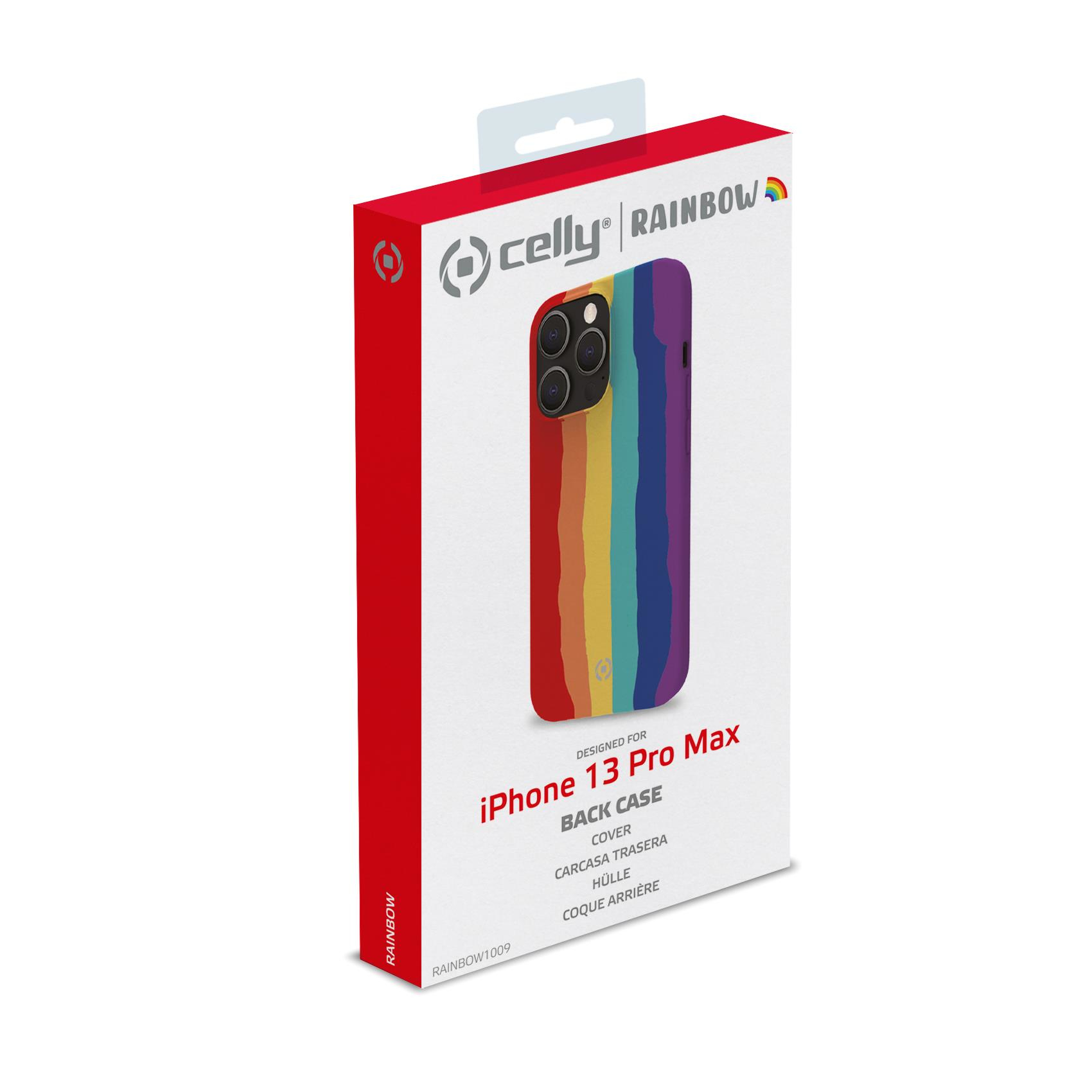 Scatola per una custodia per smartphone con design arcobaleno, marchio 'celly RAINBOW'.