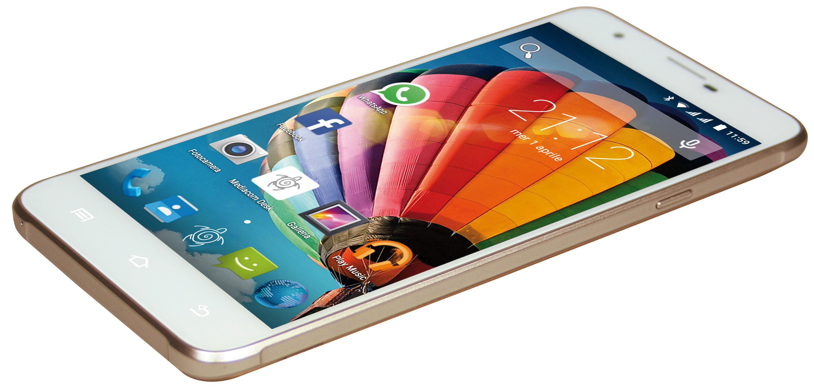 Smartphone bianco angolato, con sfondo mongolfiera e icone delle app.