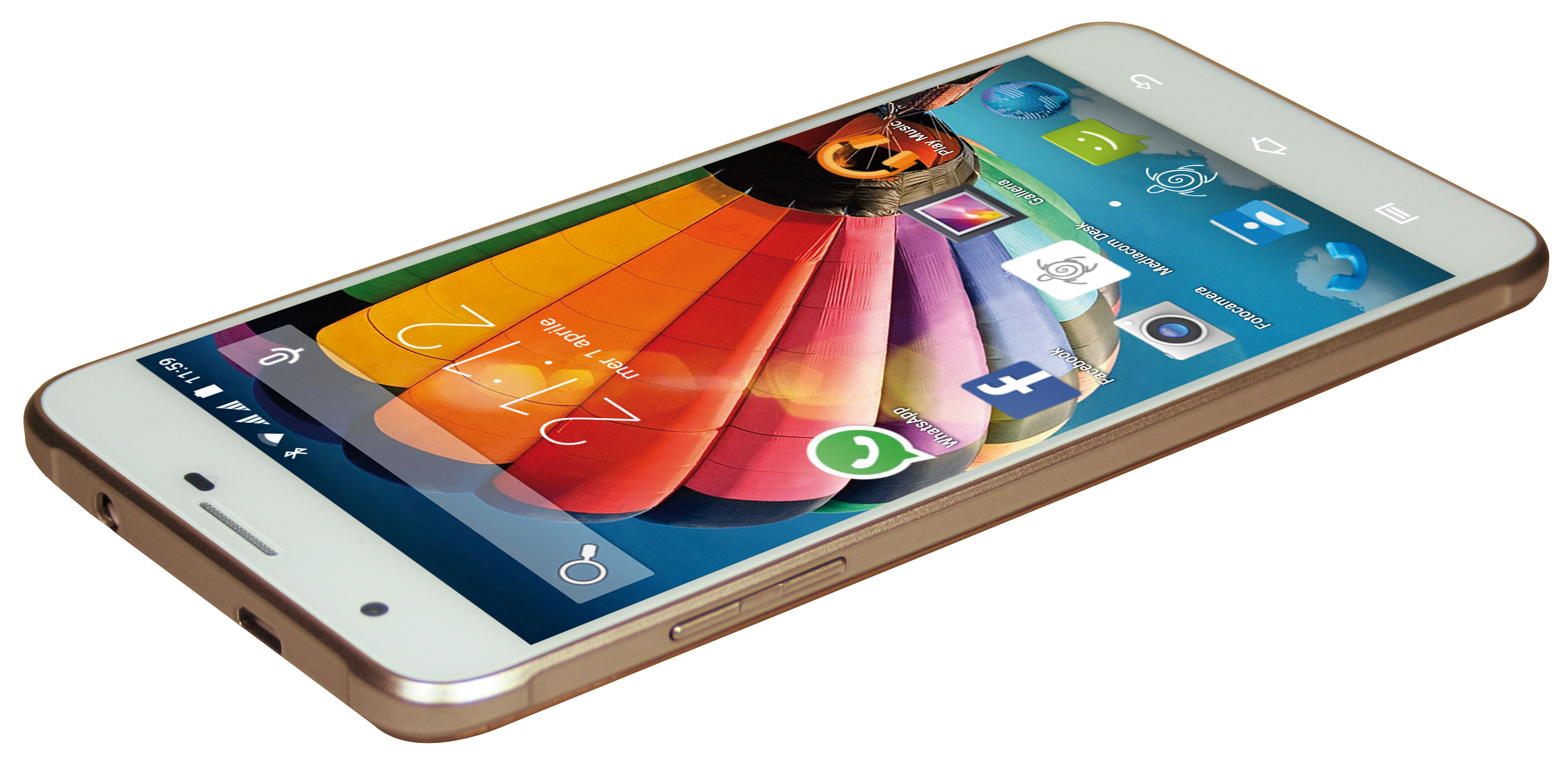 Smartphone bianco con sfondo mongolfiera colorata. Cornice dorata e icone app.