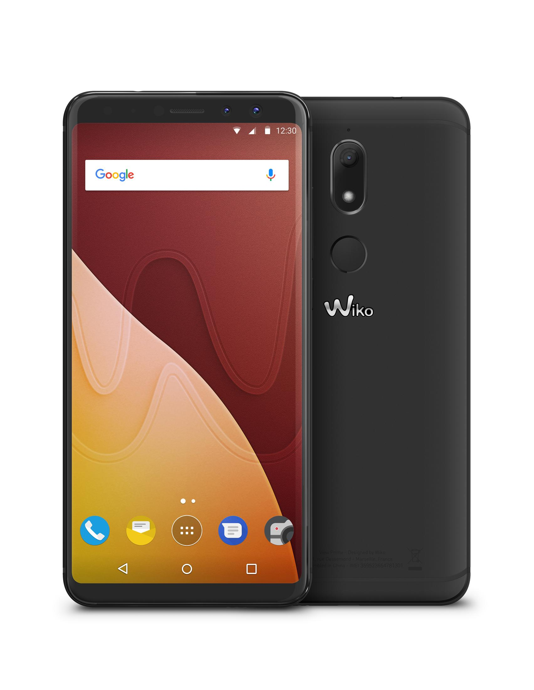 Smartphone nero con sfondo rosso e giallo, app e logo Wiko.