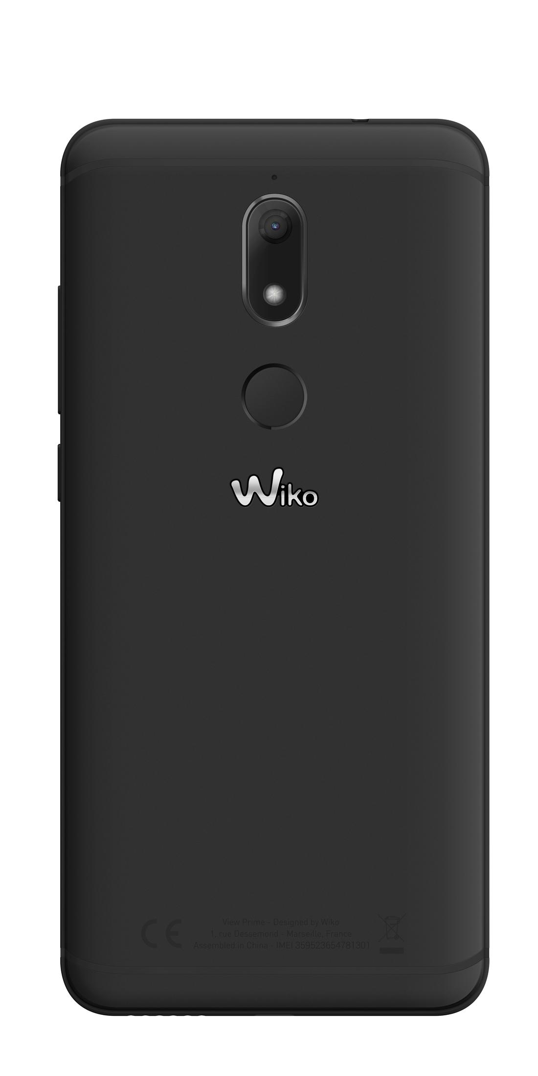 Il retro di uno smartphone Wiko nero che mostra la fotocamera e il logo del marchio.