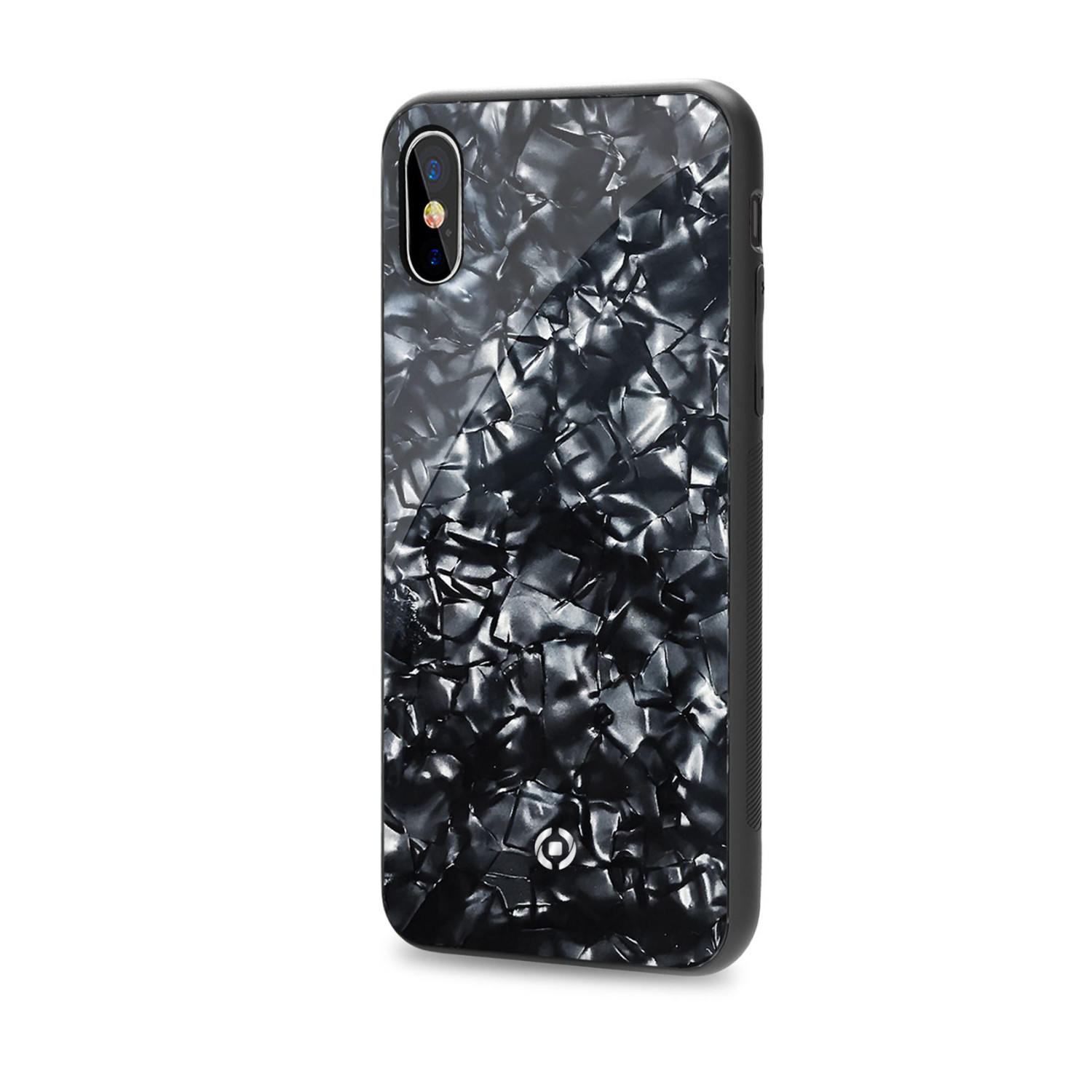 Custodia per telefono con motivo a marmo bianco e nero, con fotocamera e luce.