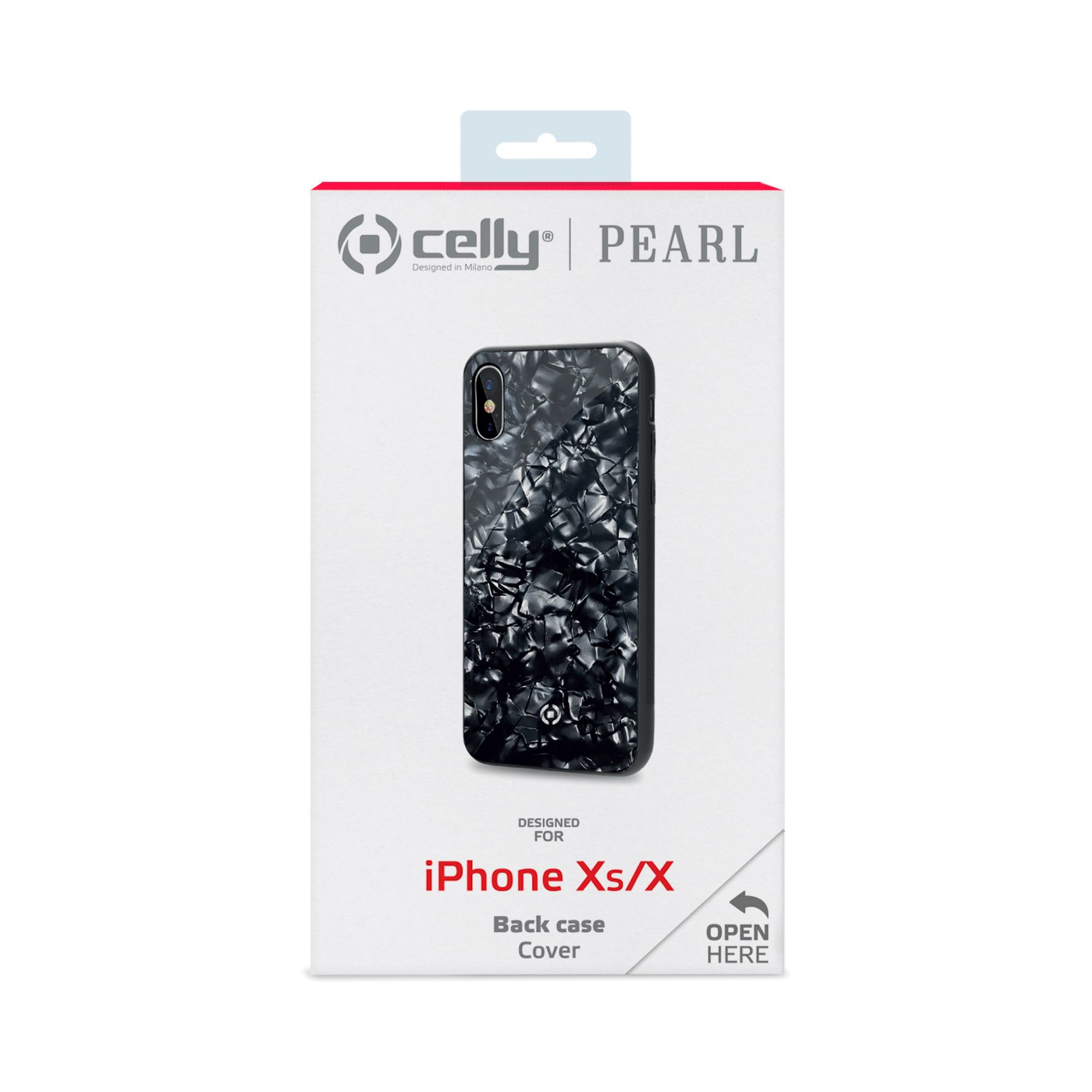 Una scatola di custodia per telefono con una cover nera con design marmorizzato e testo iPhone Xs/X.
