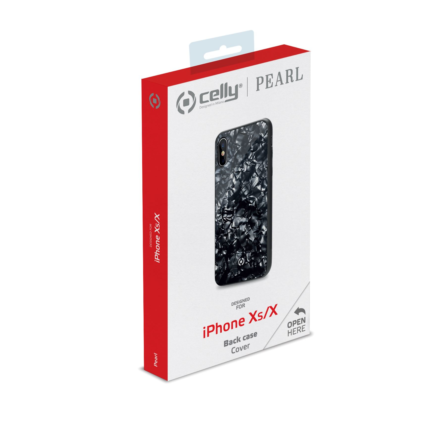 Scatola bianca e rossa. Contiene una custodia nera per telefono. La custodia ha un design a perla ed è per iPhone Xs/X.
