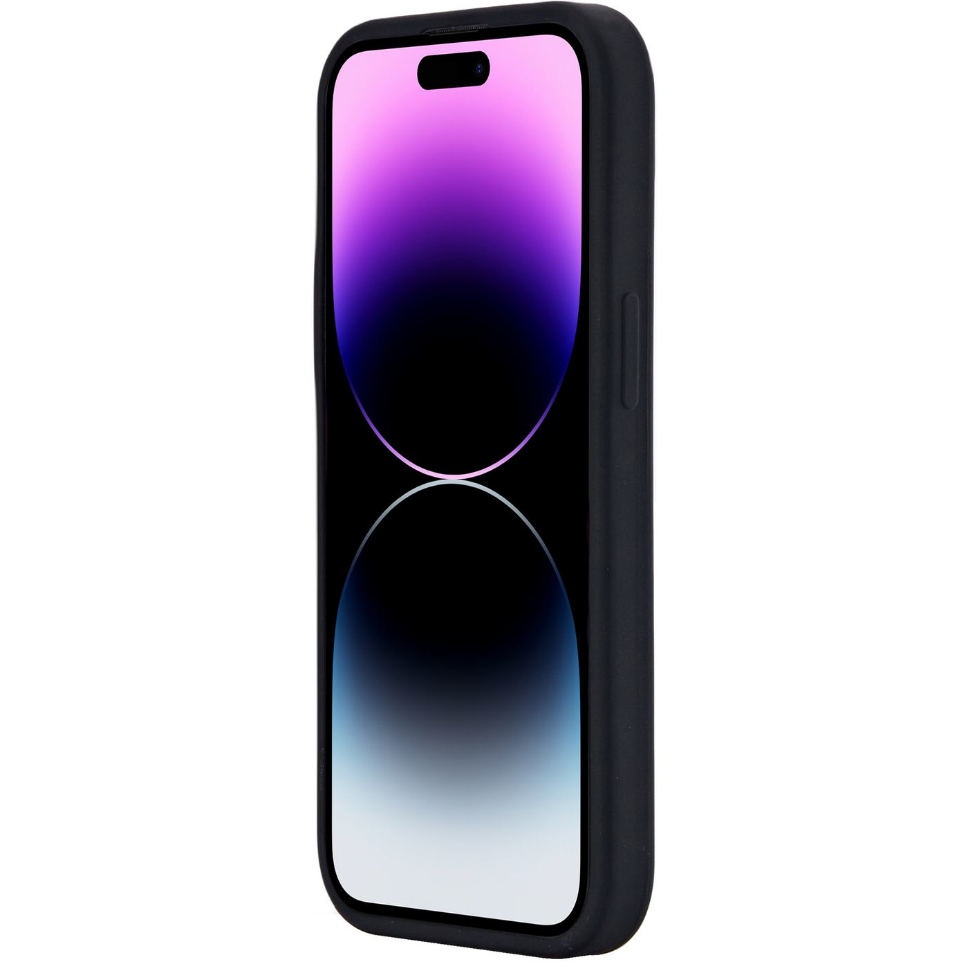 Una custodia nera per telefono che incornicia uno schermo iPhone che mostra uno sfondo colorato.