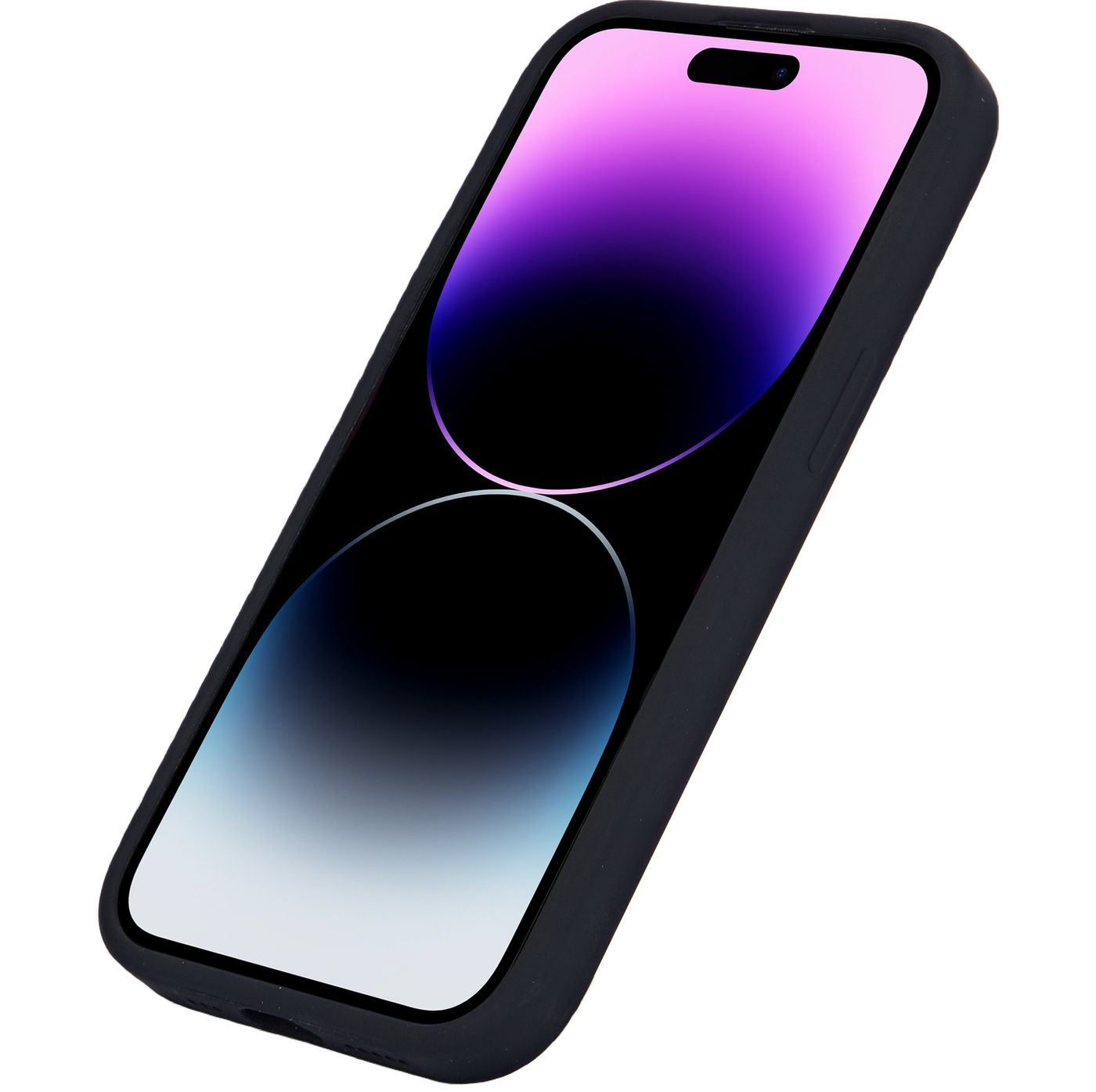 Telefono nero in custodia nera, angolato. Lo schermo mostra una sfumatura di viola e blu.