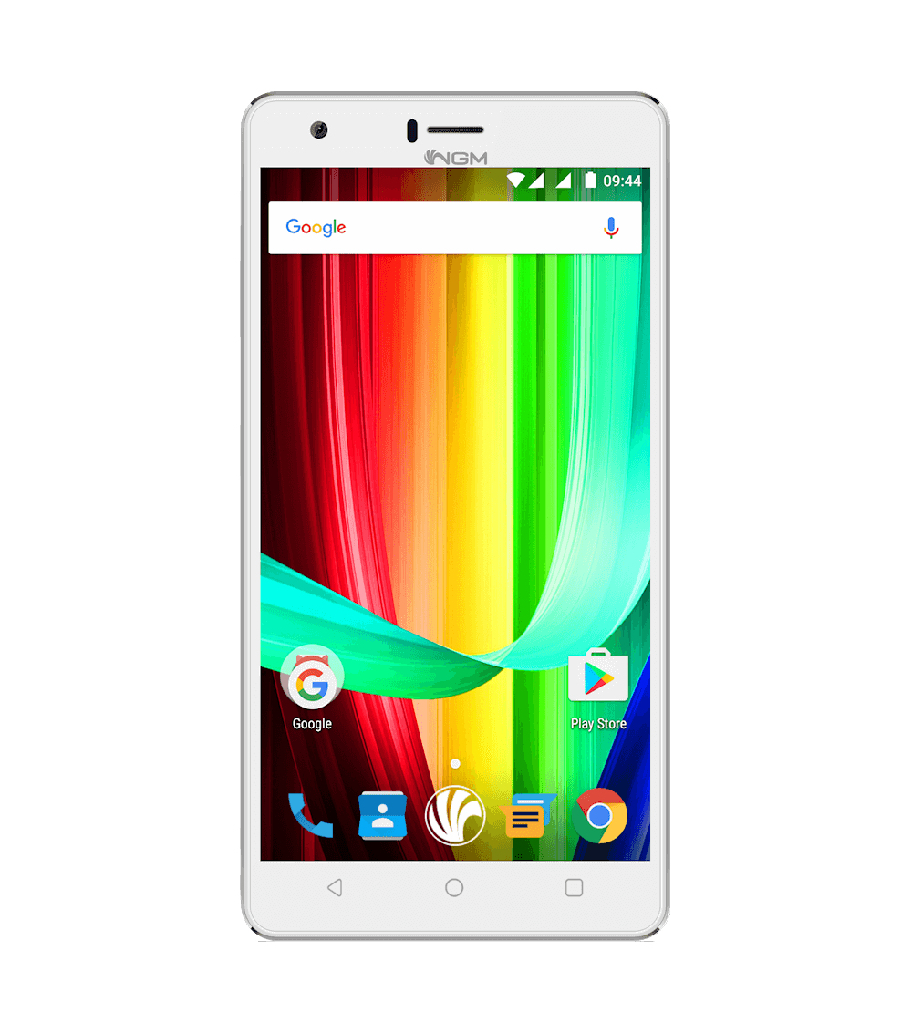 Telefono bianco con sfondo arcobaleno sullo schermo. Mostra le icone di Google e Play Store.