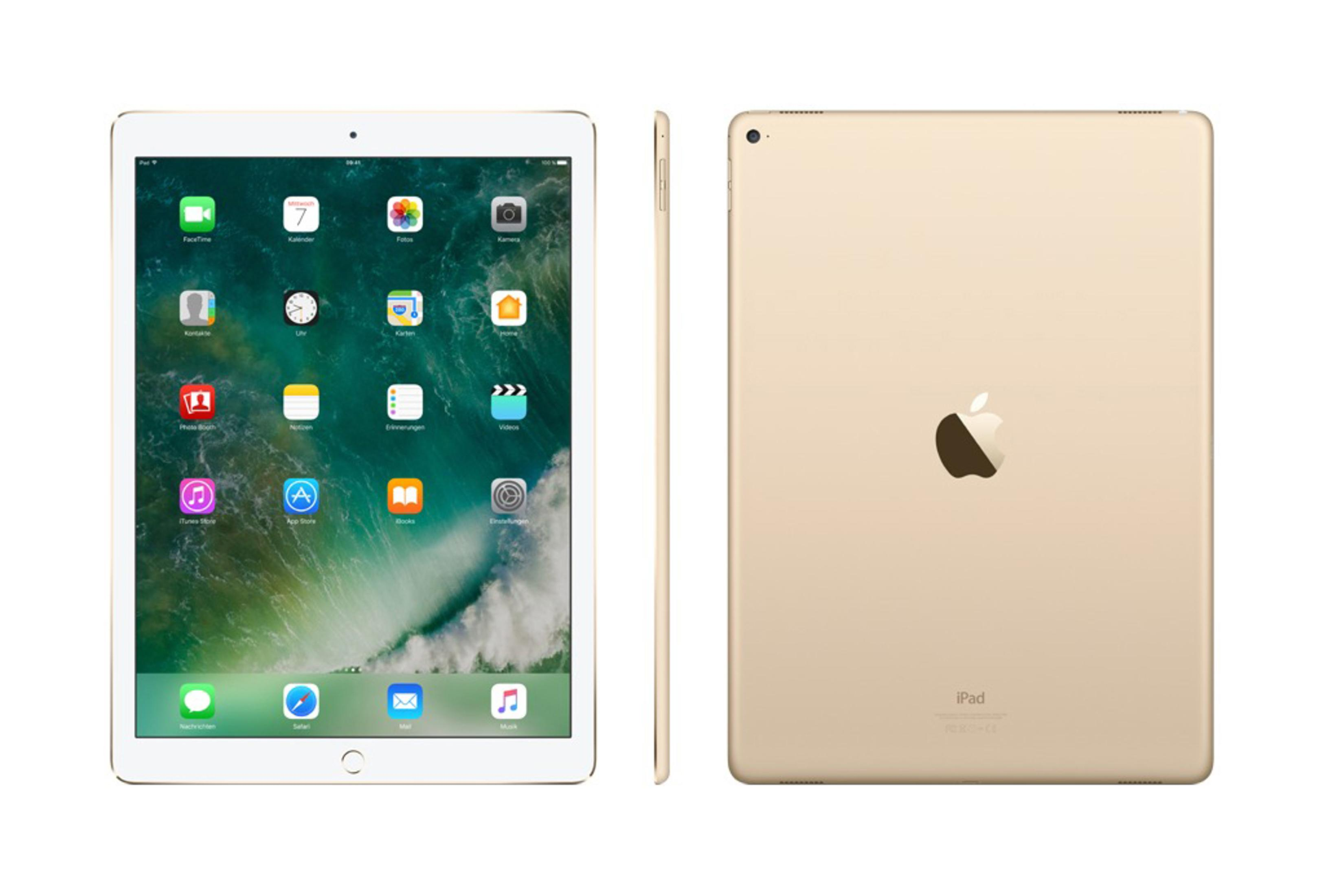 Gold iPad, front and back view. Front shows apps, back shows Apple logo. White background.