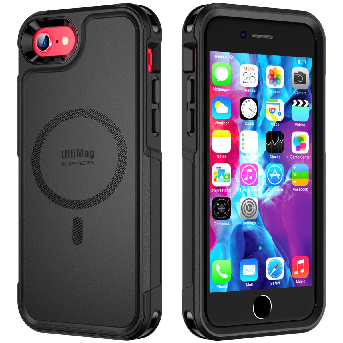 Due custodie per telefono. Una con un telefono che mostra app e l'altra con il logo UltiMag e un design magnetico.