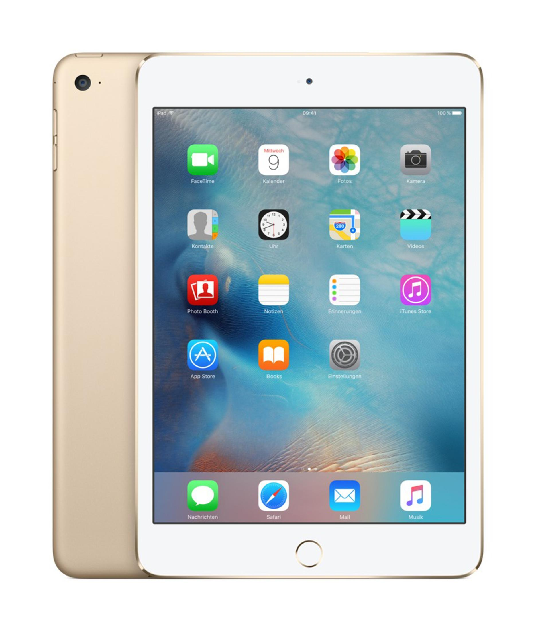 Goldenes iPad, Vorder- und Rückansicht. Zeigt Apps auf dem Bildschirm. Weißer Hintergrund.
