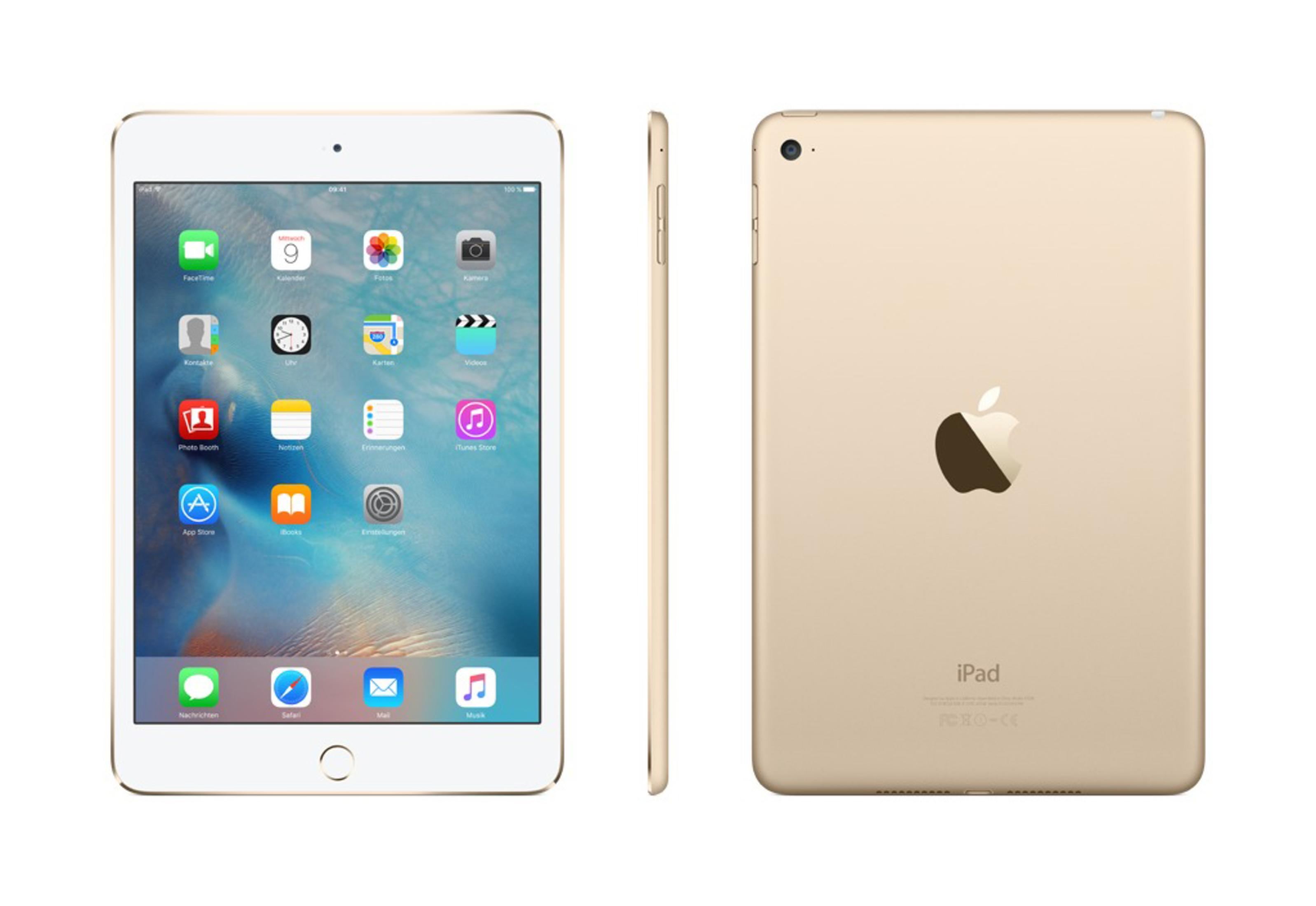 Goldenes iPad, Vorder- und Rückansicht. Zeigt Apps auf dem Bildschirm. Weißer Hintergrund.