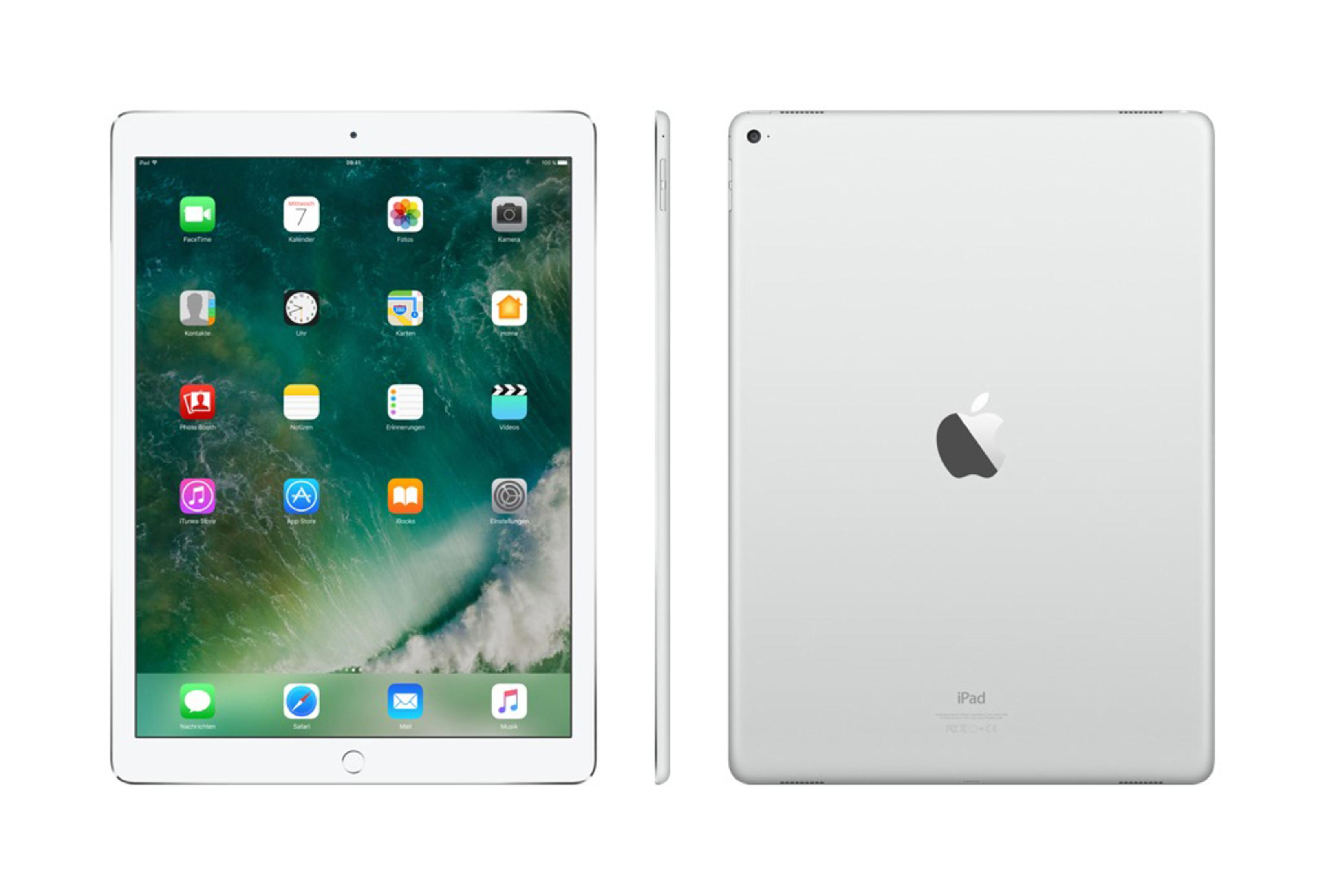 Zilveren iPad, drie weergaven. Wit scherm met apps, tijd 09:41. Apple logo op de achterkant.
