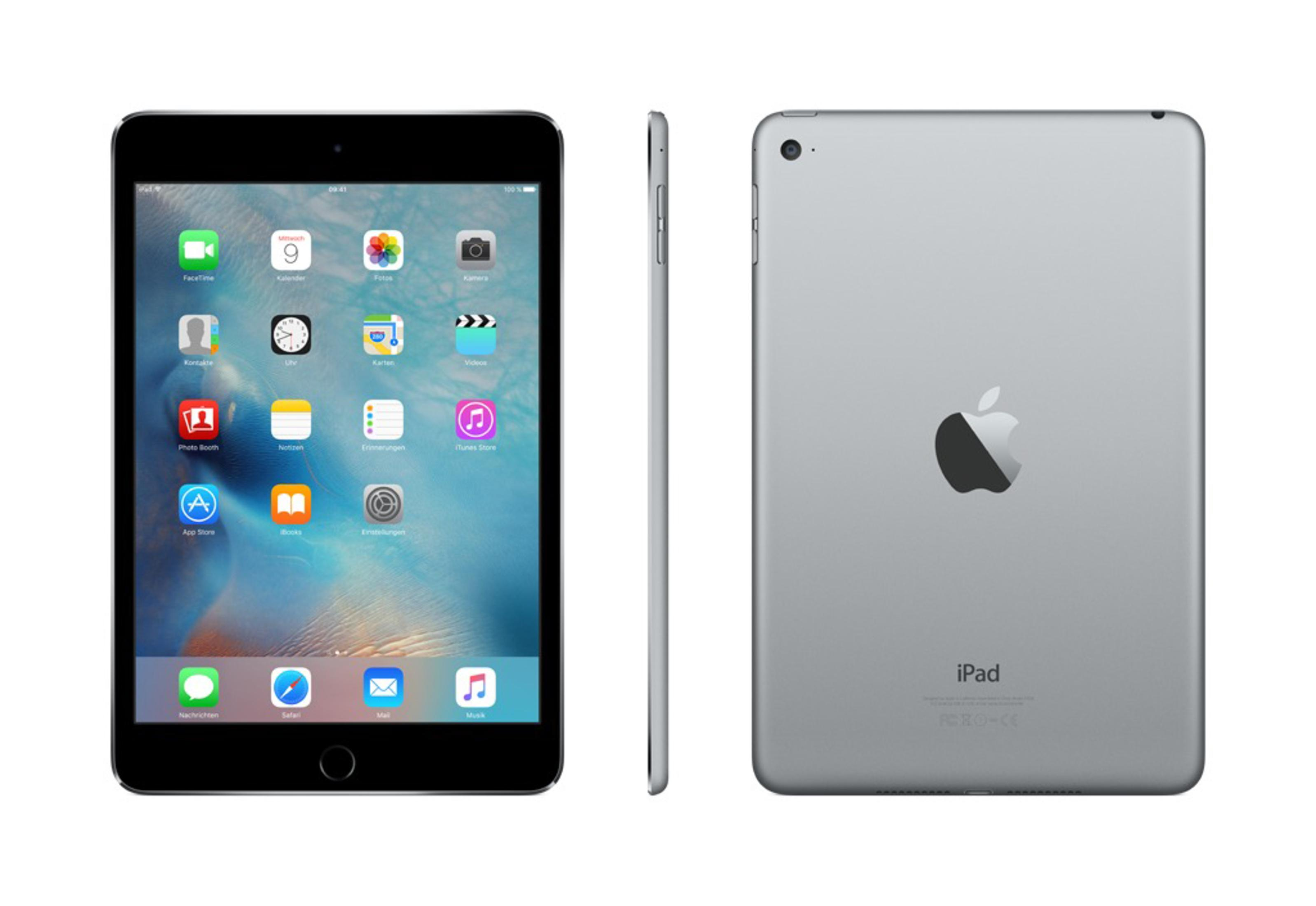 Srebrny iPad, pokazujący przód i tył. Przód pokazuje aplikacje i godzinę 09:41. Tył ma logo Apple.