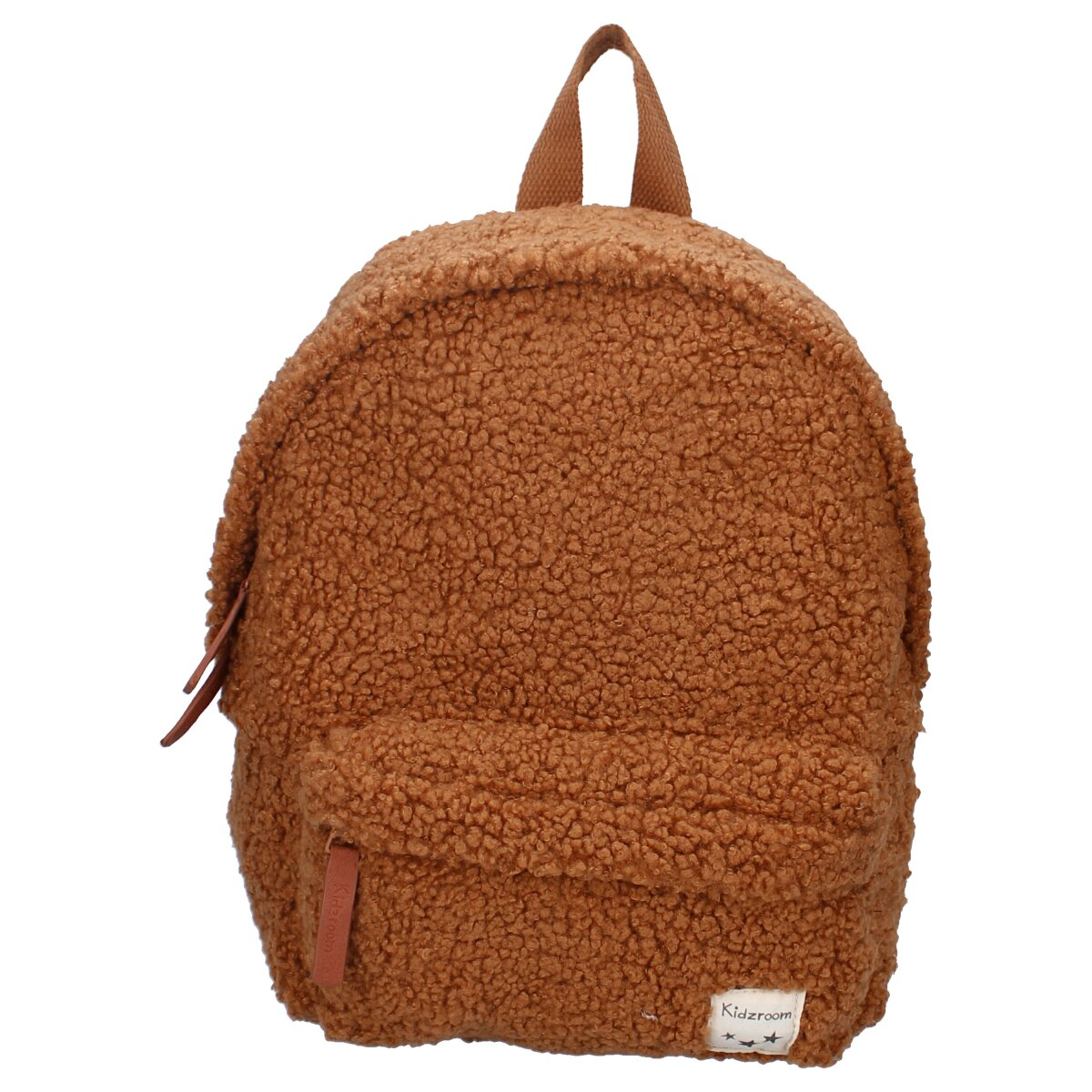 Brauner Teddybär-Rucksack mit kleiner Vordertasche und Tragegriff.