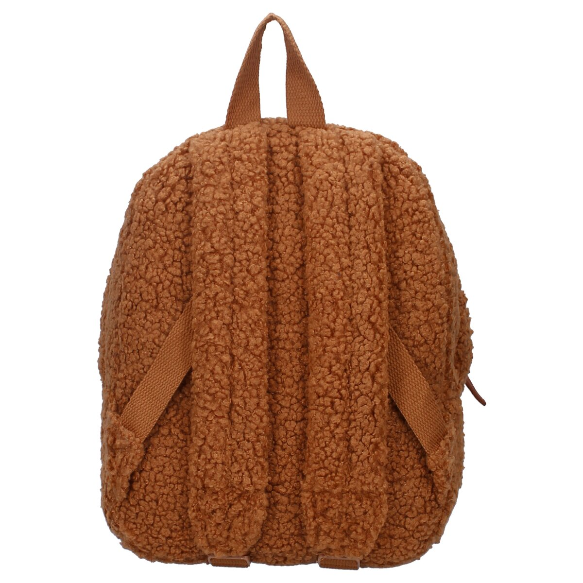 Brauner, flauschiger Rucksack mit zwei Schultergurten. Die Rückseite des Rucksacks ist sichtbar.
