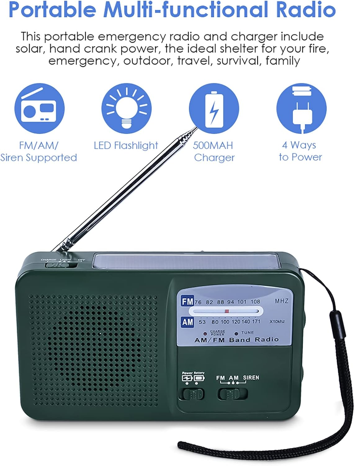 Grünes Radio mit Antenne, Solarpanel und Handkurbel. Text: Tragbares multifunktionales Radio.