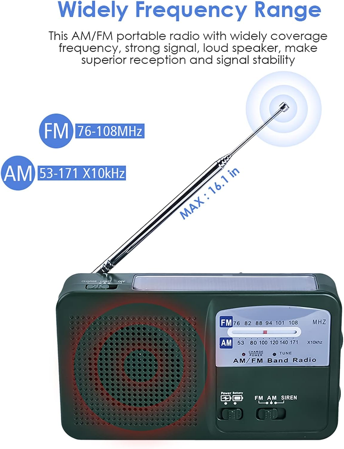 Grünes Radio mit Antenne. Text: Großer Frequenzbereich. FM/AM, Antennenlänge 16,1 Zoll.