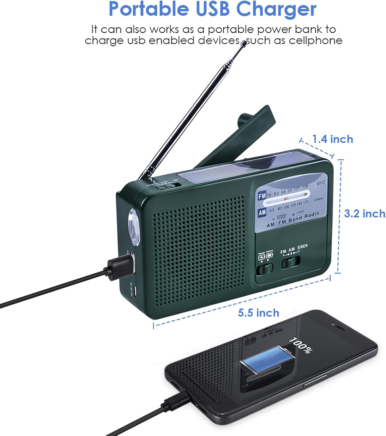 Dunkelgrünes tragbares AM/FM-Radio mit USB-Anschluss, Antenne und ein Telefon, das damit geladen wird.