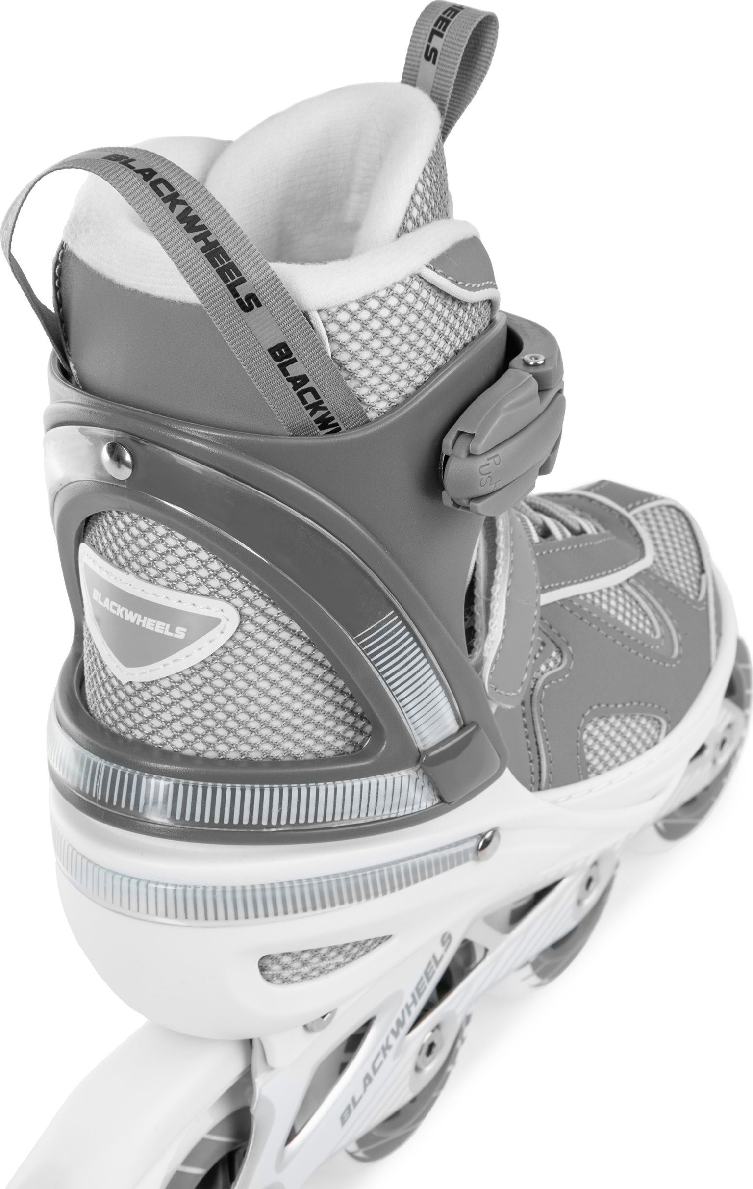 Grau-weißer Inline-Skate. Mit Riemen, Rollen und Branding-Details.