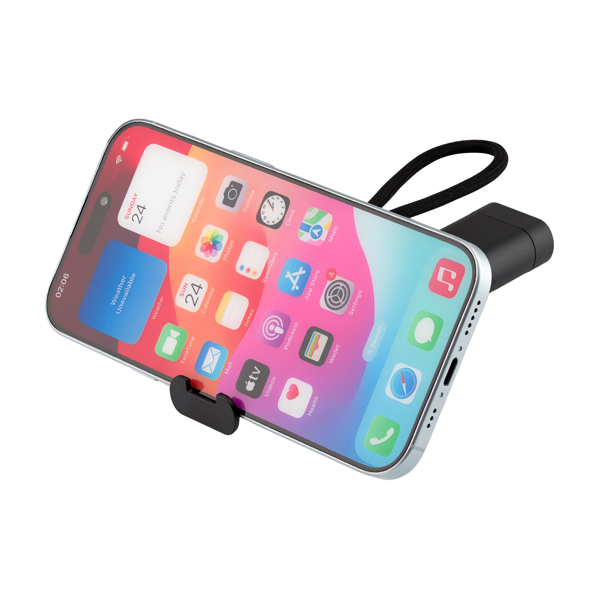 iPhone na czarnym uchwycie na telefon z czarnym kablem, pokazujący ekran główny.