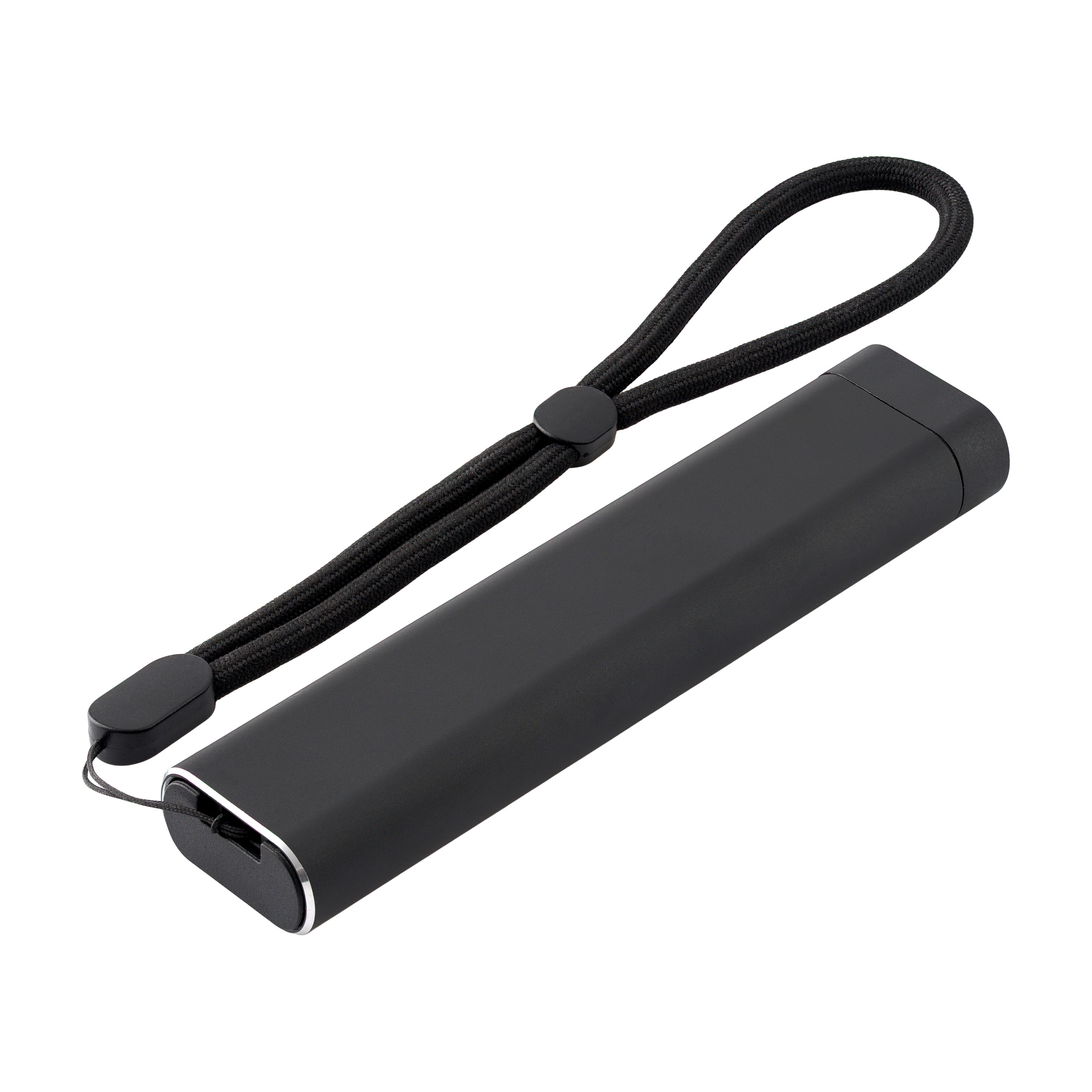 Czarne, prostokątne urządzenie z czarną smyczą. Wygląda na przenośną ładowarkę lub podobne urządzenie.