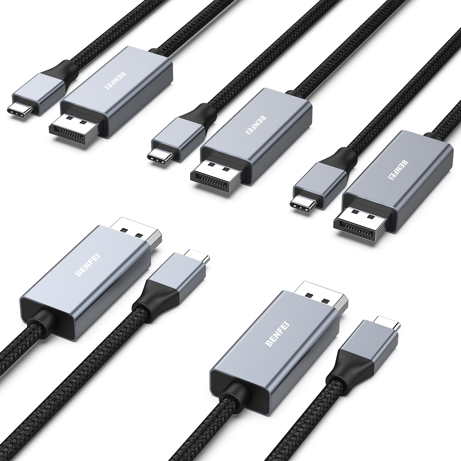 Mehrere USB-Kabel mit verschiedenen Enden. Graue Anschlüsse, schwarze Kabel. Weißer Hintergrund.